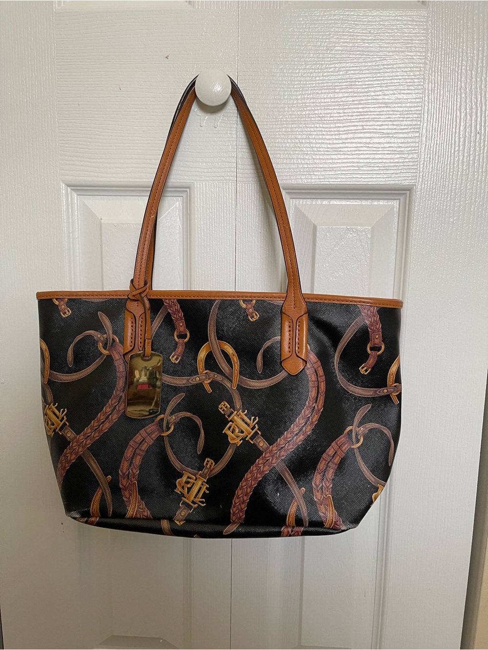 Ralph Lauren Black Tote with Brown Leather Straps and Equestrian Print